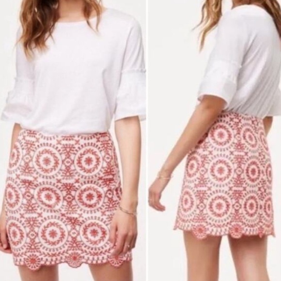 LOFT Embroidered Eyelet Medallion Mini Straight Skirt Women’s 6 White Coral NEW - Picture 1 of 7